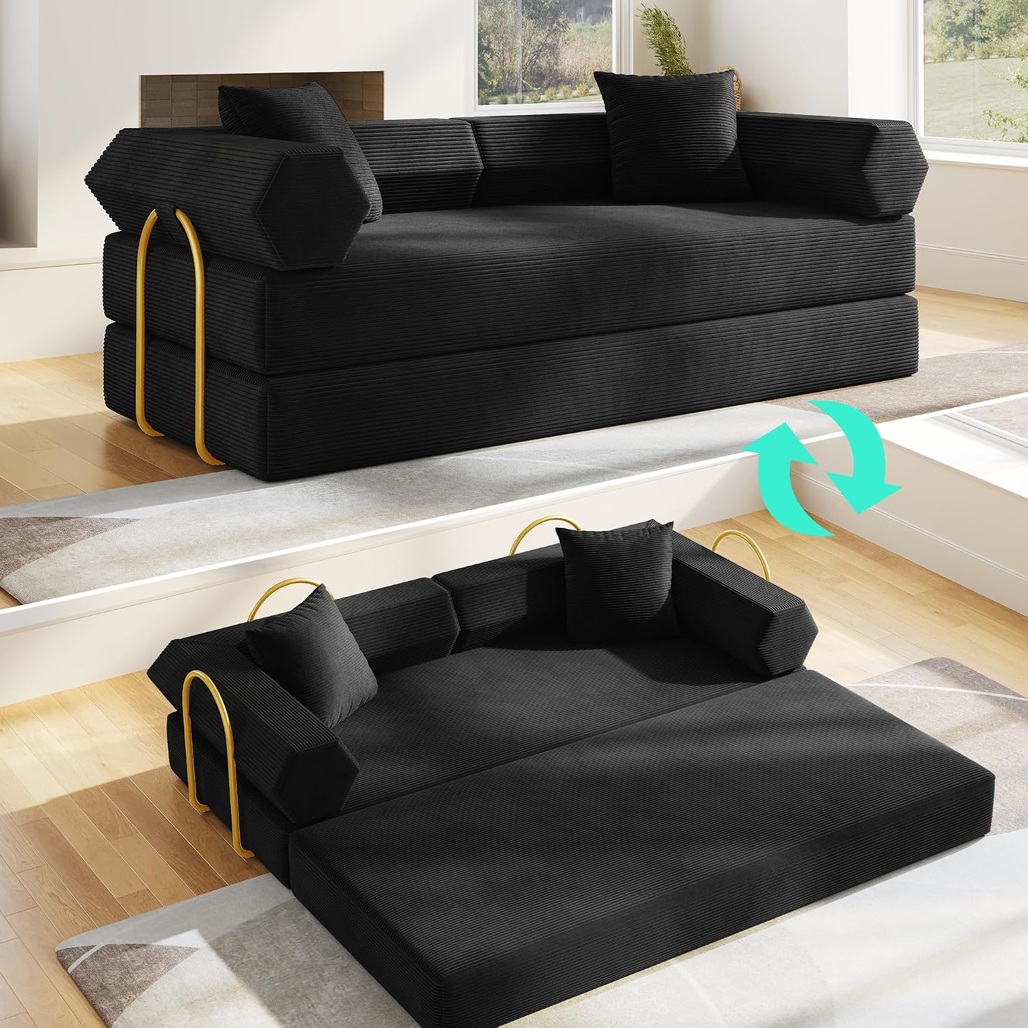 79'' Convertible Sofa Bed, 5-in-1 Folding Sleeper Couch with Pull Out Bed, Corduroy Modular Floor Sofa, No Assembly Space Saving Guest Bed for Living Room Apartment Bedroom (Black)