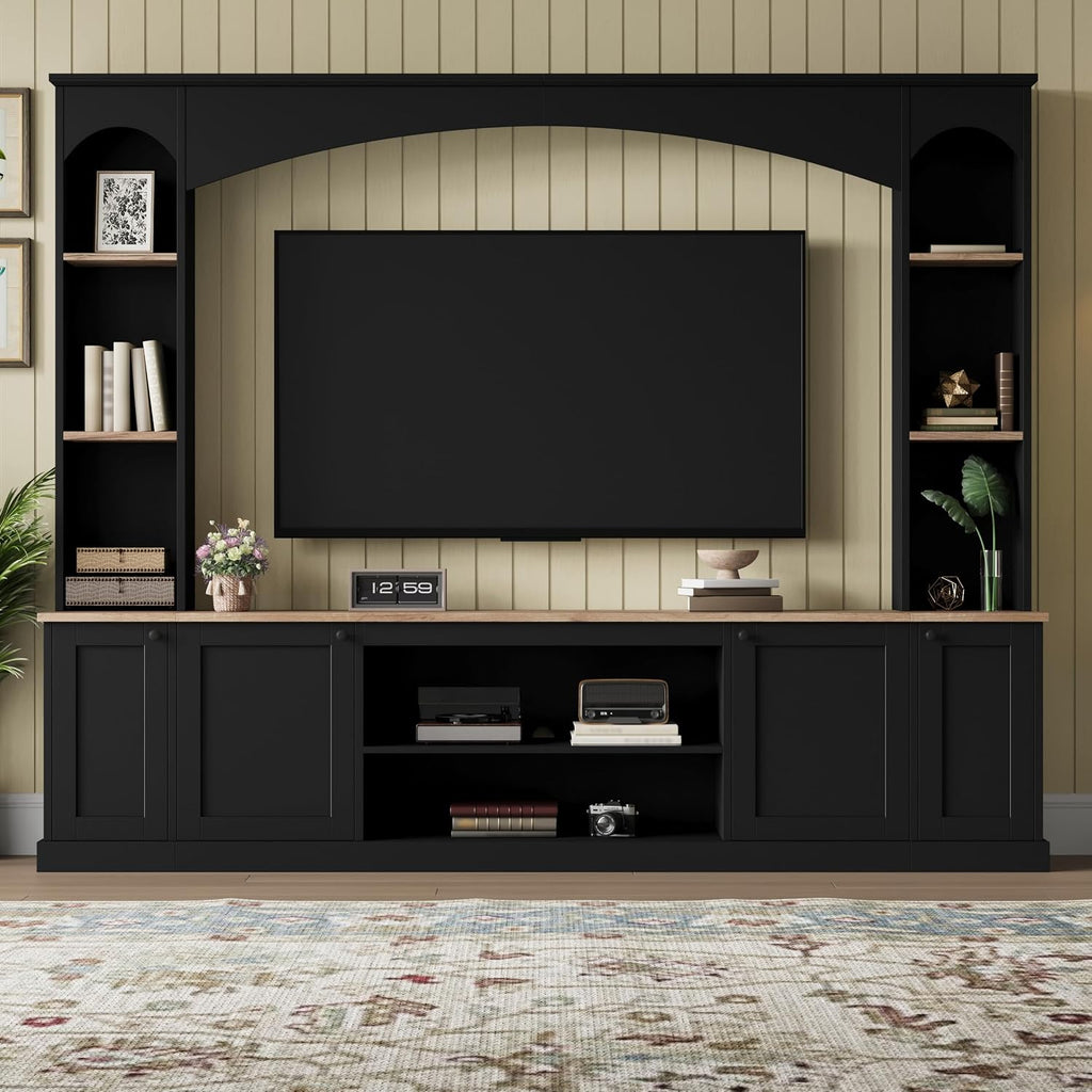 Farmhouse Entertainment Center with Bookshelves, Modern 4-Piece Wall Unit TV Stand Set for TVs up to 70', Elegant Arched Media Console Unit with Adjustable Shelves for Living Room, Black