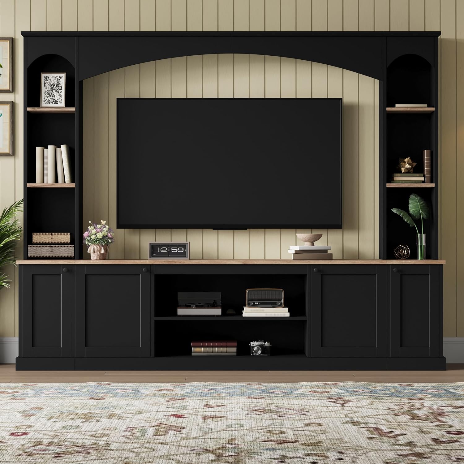 Farmhouse Entertainment Center with Bookshelves, Modern 4-Piece Wall Unit TV Stand Set for TVs up to 70', Elegant Arched Media Console Unit with Adjustable Shelves for Living Room, Black