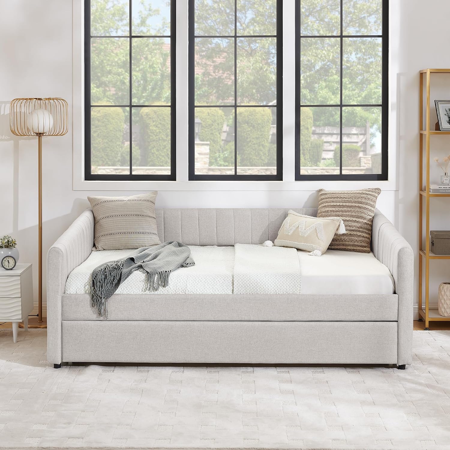 Ball & Cast Full Size Daybed with Pop up Trundle,Linen Upholstered Day Bed Frame with Channel Tufted Backrest & Armrest,Extendable Trundle Bed,Full to King Design,Easy Assembly,Black