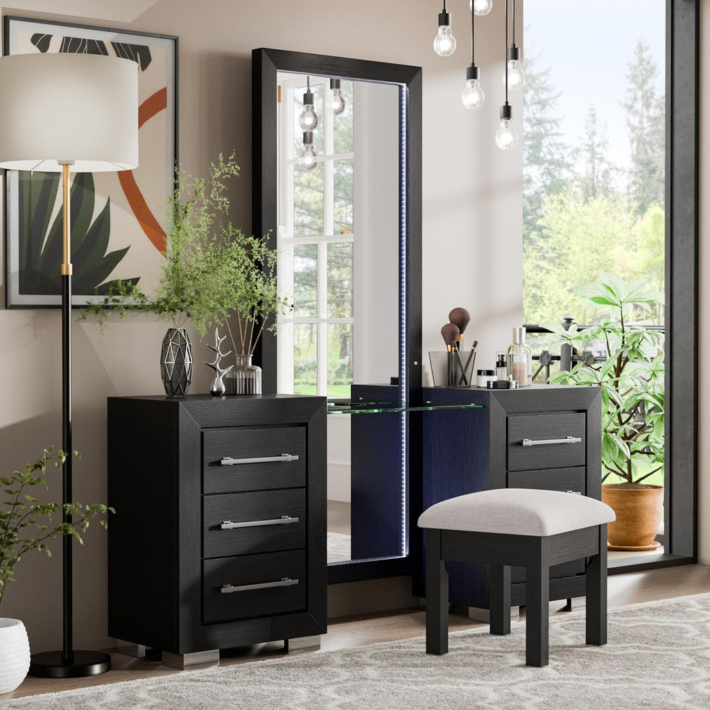 Furniture of America Lyle Modern Solid Wood 6-Drawer Makeup Vanity Set with Storage Stool and LED Full-Length Mirror, Wooden Dresser with USB Ports and Power Outlet for Bedroom, Guest Room, Black