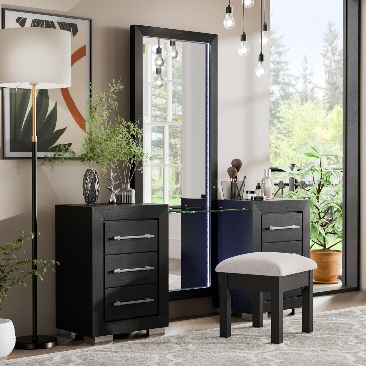 Furniture of America Lyle Modern Solid Wood 6-Drawer Makeup Vanity Set with Storage Stool and LED Full-Length Mirror, Wooden Dresser with USB Ports and Power Outlet for Bedroom, Guest Room, Black