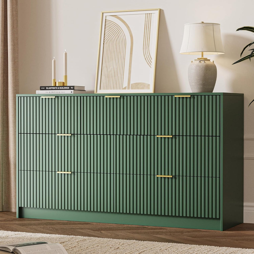 MAISONARIA Green 7 Drawer Dresser for Bedroom, 55.9' Wide Modern Fluted Dresser with Gold Metal Handles, Wide Chest of Drawers for Bedroom, Living Room, Entryway, Hallway