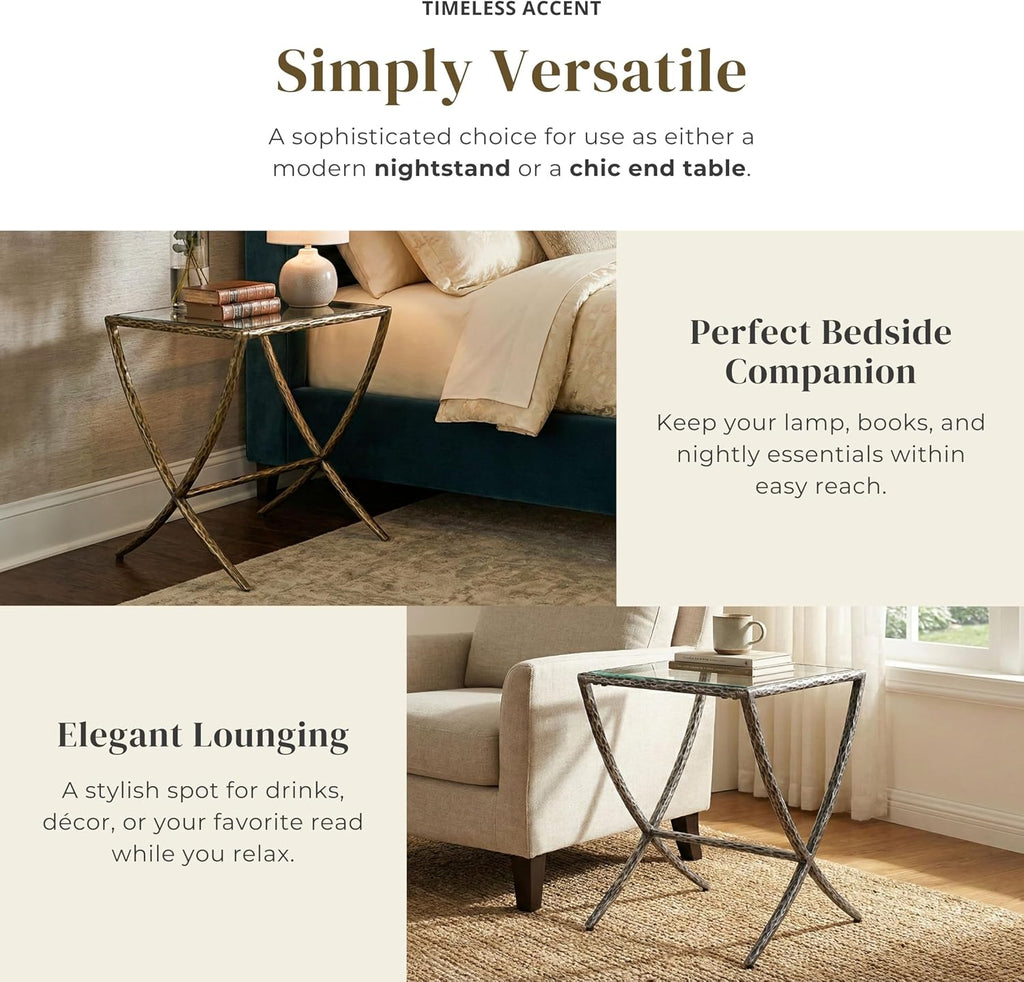 24/7 Shop at Home Lalia Hammered Metal 3-Piece Bedroom Collection, Upholstered Bed Frame with Camelback Headboard, Forged Steel and Curved Nightstands, Foundation Required, Full, Matte Gold