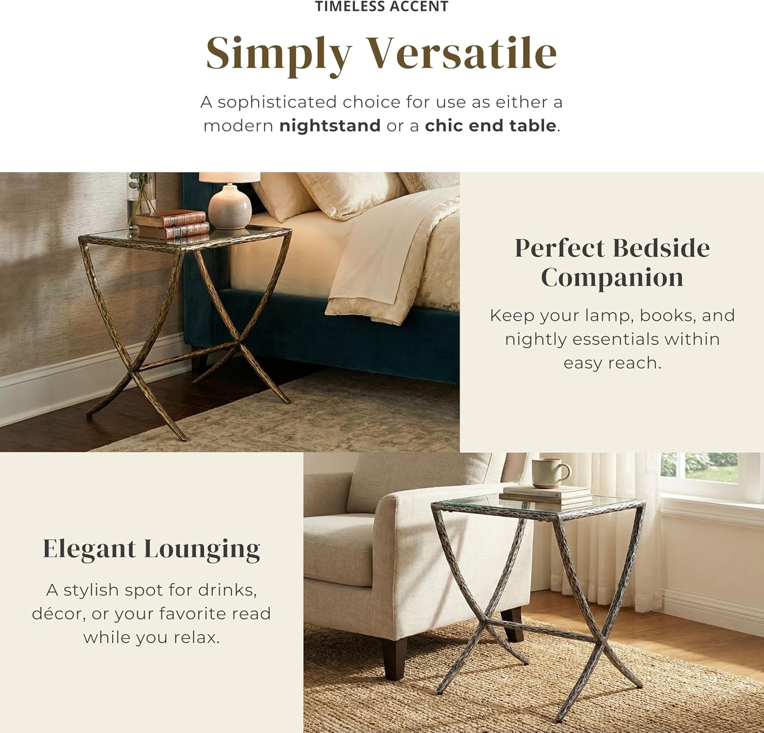 24/7 Shop at Home Lalia Hammered Metal 3-Piece Bedroom Collection, Upholstered Bed Frame with Camelback Headboard, Forged Steel and Curved Nightstands, Foundation Required, Full, Matte Gold