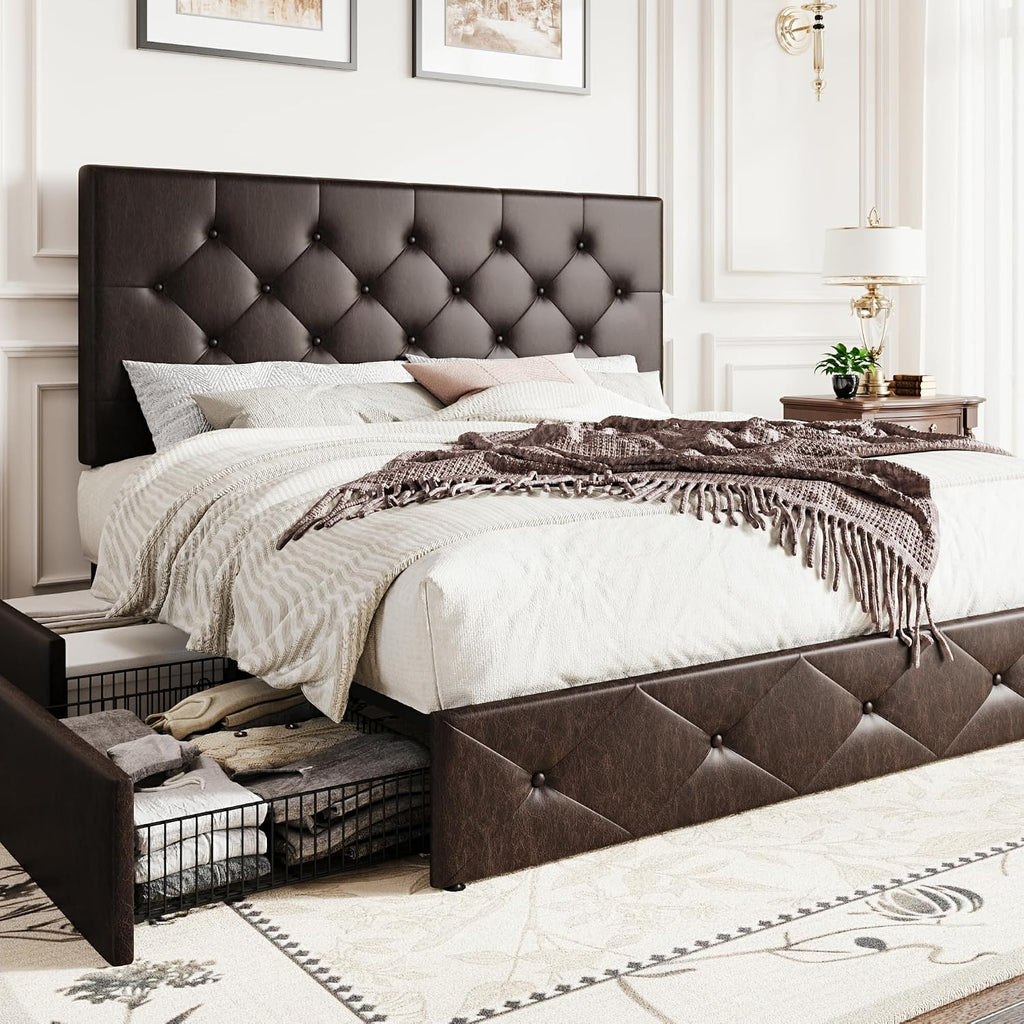 SHA CERLIN Upholstered Full Size Platform Bed Frame with 4 Storage Drawers, Adjustable Headboard with Diamond Stitched Button Tufted Design, Wooden Slat Support, No Box Spring Needed, Black Brown