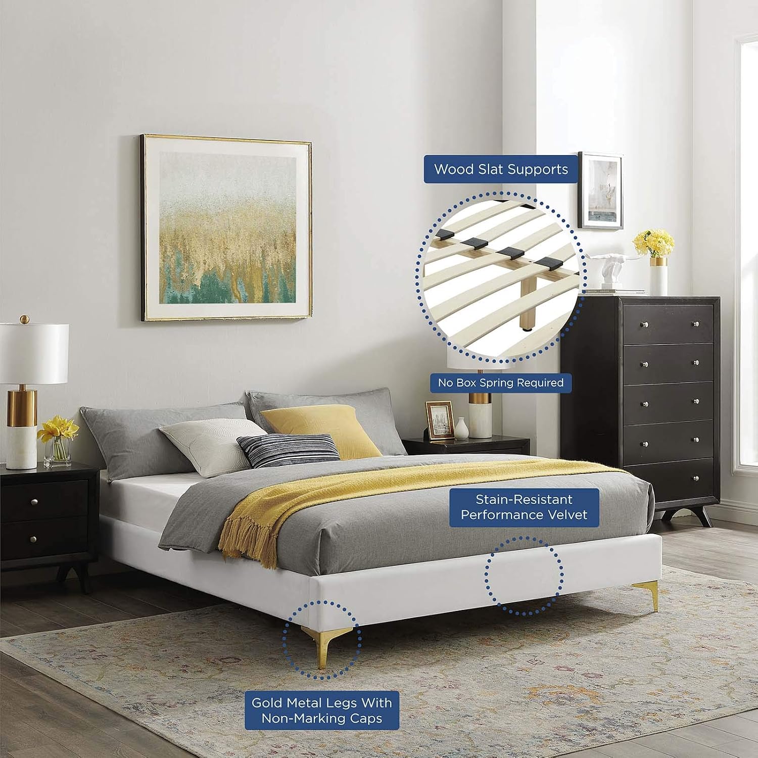 Modway MOD-6275-WHI Sutton Queen Performance Velvet Bed Frame, White