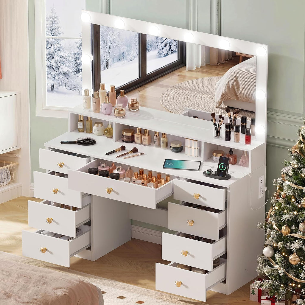 Vanity Desk with Mirror and Lights, Makeup Vanity Table with Power Outlet, 9 Drawers & Storage Shelf, Bedroom Dressing Table Vanity Set for Girls, Women, White (39.3' Large Mirror)