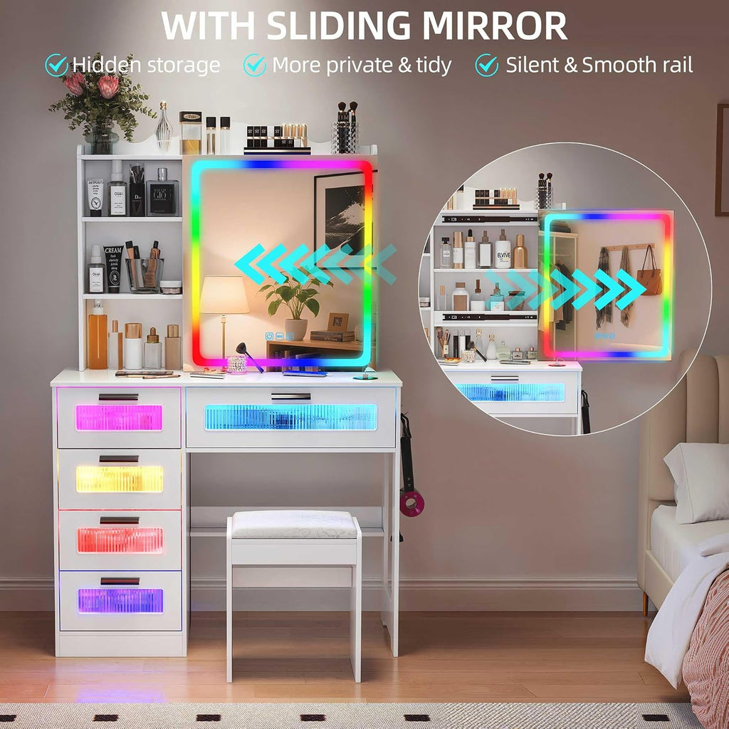 LED Vanity with Sliding Mirror, Smart Makeup Table with 5 Drawers 6 Shelves, Make Up Vanity Desk with Charging Station 14 Color Lighting Modes, Cushioned Stool, USB Type-C for Bedroom White