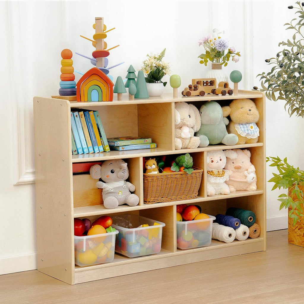 Kids Bookshelf and Toy Storage Shelf, Wooden Montessori Bookshelf, 3-Tier Toy Shelves with 7 Cubby, Classroom Furniture, Birch Children Bookcase, Book Shelf for Kids Room, Nursery, Playroom