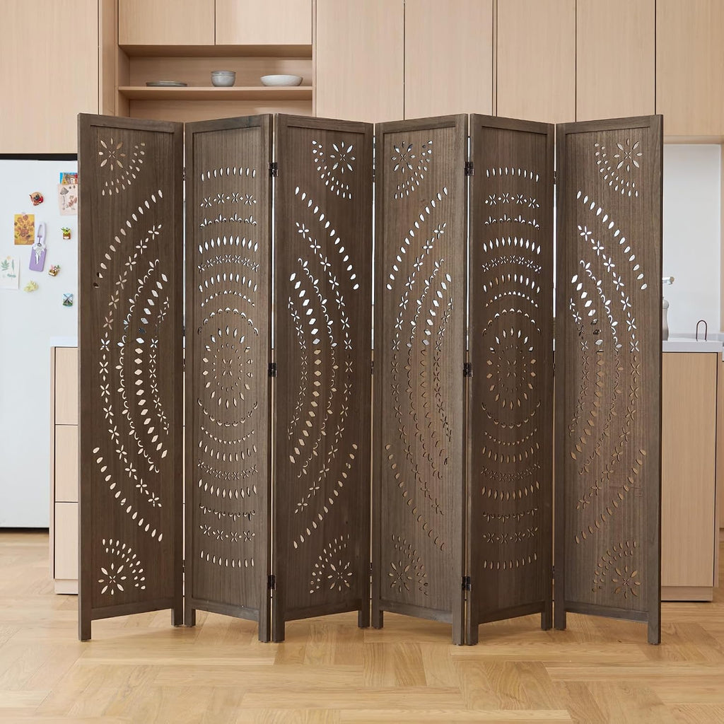 66.9Inch Folding Room Divider, 6 Panels Wood Carved Privacy Screens Free Assembled Freestanding Partition for Bedroom Home Office (Brown)