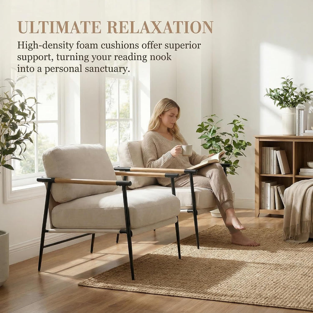 DUOMAY Mid-Century Modern Accent Chairs Set of 2 - Soft Linen Upholstered Lounge Reading Chair for Bedroom - Comfy Lightweight Livinig Room Chairs - Beige