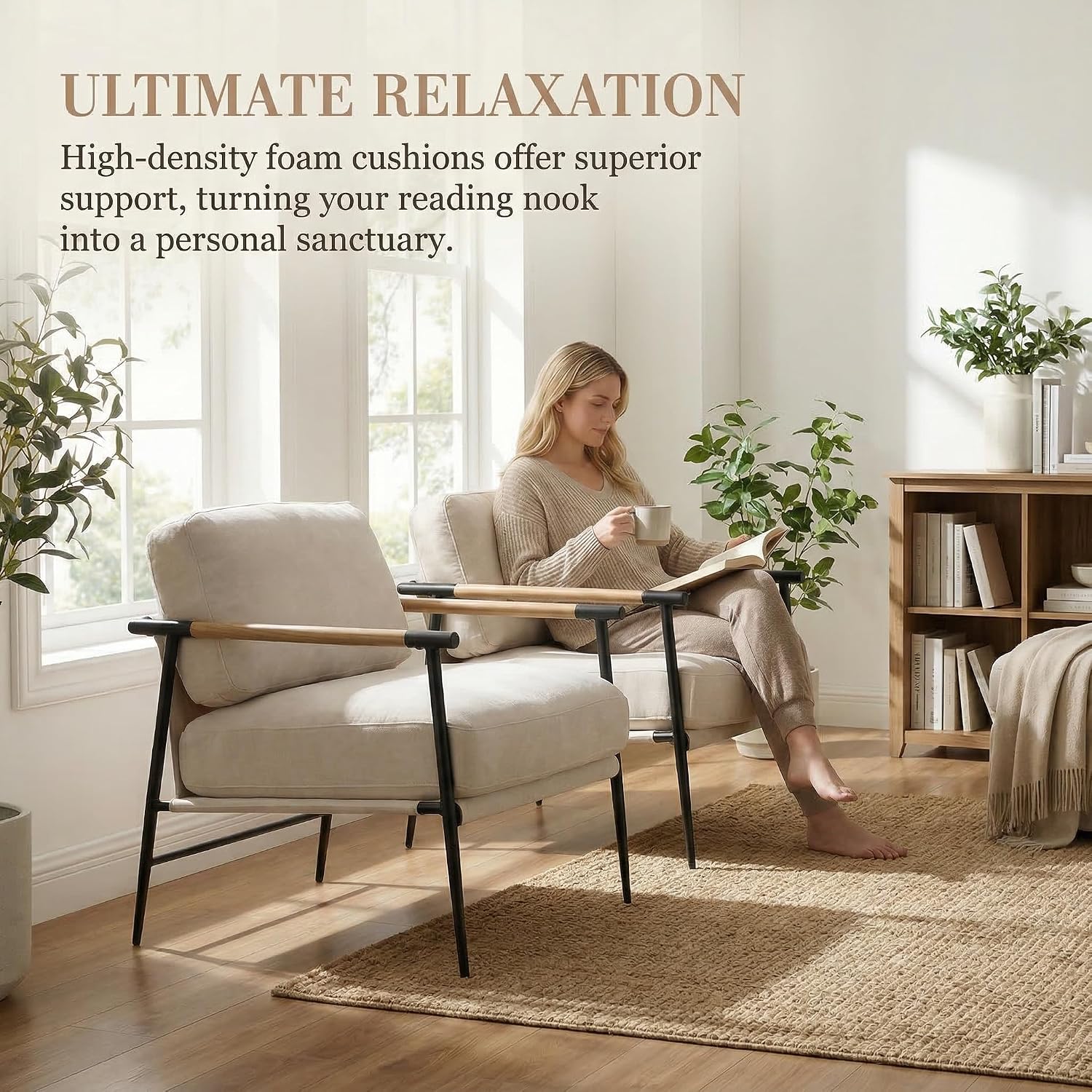 DUOMAY Mid-Century Modern Accent Chairs Set of 2 - Soft Linen Upholstered Lounge Reading Chair for Bedroom - Comfy Lightweight Livinig Room Chairs - Beige