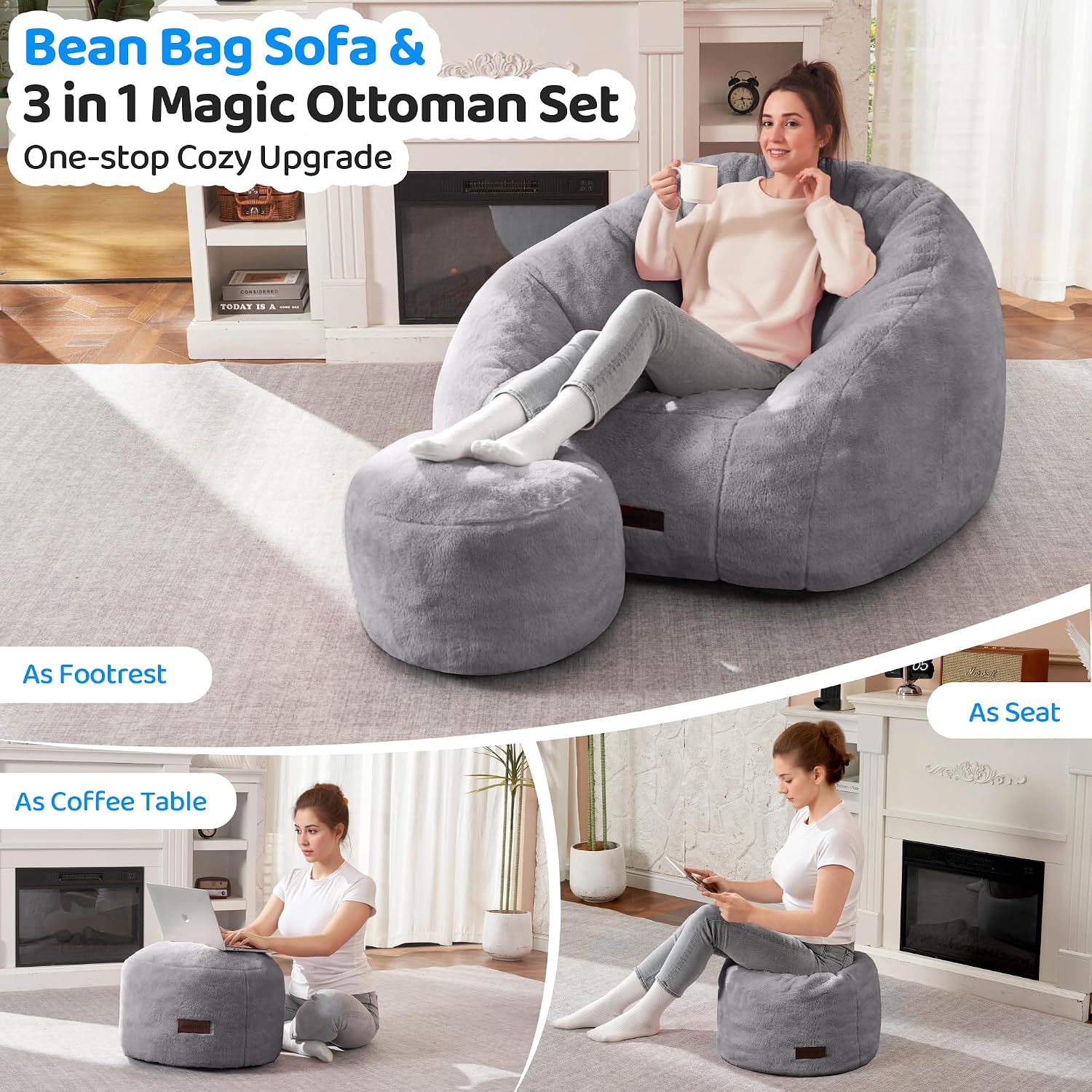 HABUTWAY Bean Bag Chair, Giant Bean Bag Chairs for Adults with Ottoman, Comfy Faux Fur Shell-Shaped Bean Bag Couch, Sofa Chair for Living Room, Bedroom, Grey