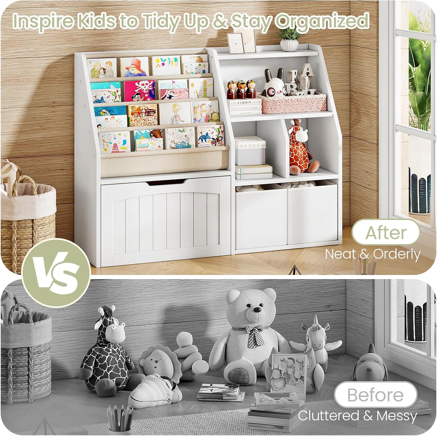 CHOEZON Kids Bookshelf, Children's Bookcase with 4 Sling Book Shelves, Toy Storage Cubby, Fabric Storage Baskets, Wooden Book Shelf for Kids' Room, Playroom, Nursery, Living Rooms, White MCW17WB