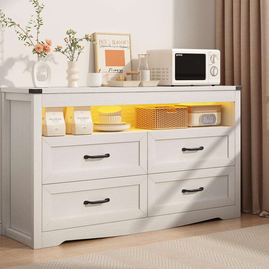Wodeer White Dresser for Bedroom, Wood 4 Drawer Dresser with LED Light, Dressers & Chests of Drawers with Metal Handles, Storage and Organization for Bedroom, Hallway, Entryway