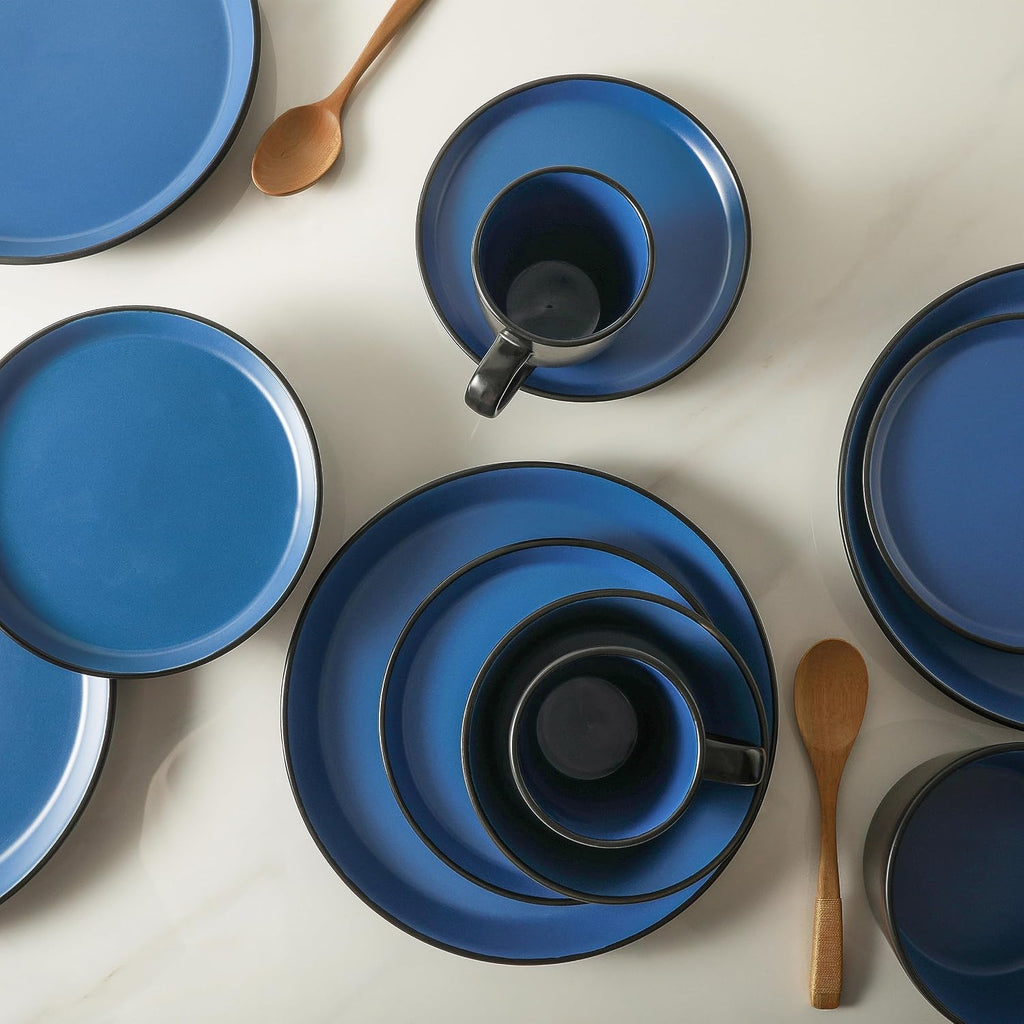 Stone Lain Albie Stoneware 32-Piece Modern Dinnerware Set, Kitchen Plates and Bowls Sets, Service for 8, Blue and Black, Microwave & Dishwasher Safe