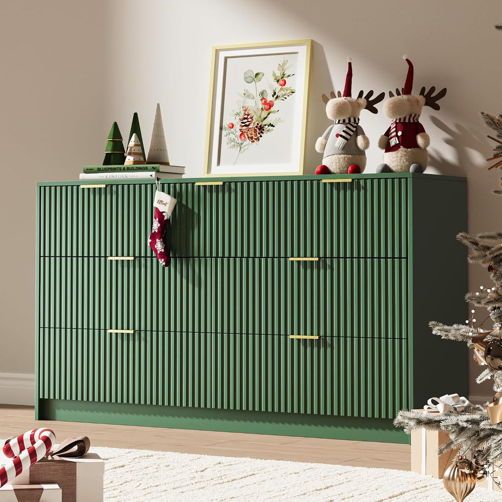 MAISONARIA Green 7 Drawer Dresser for Bedroom, 55.9' Wide Modern Fluted Dresser with Gold Metal Handles, Wide Chest of Drawers for Bedroom, Living Room, Entryway, Hallway