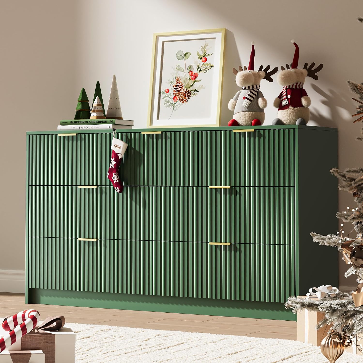 MAISONARIA Green 7 Drawer Dresser for Bedroom, 55.9' Wide Modern Fluted Dresser with Gold Metal Handles, Wide Chest of Drawers for Bedroom, Living Room, Entryway, Hallway