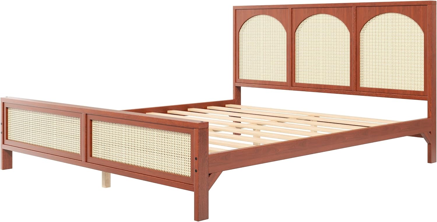 JIVOIT King Size Platform Bed with Rattan Headboard and Footboard, Wood Platform Bed Frame with Wood Slats Support, No Box Spring Needed, Easy Assembly (Walnut+Beige,King)