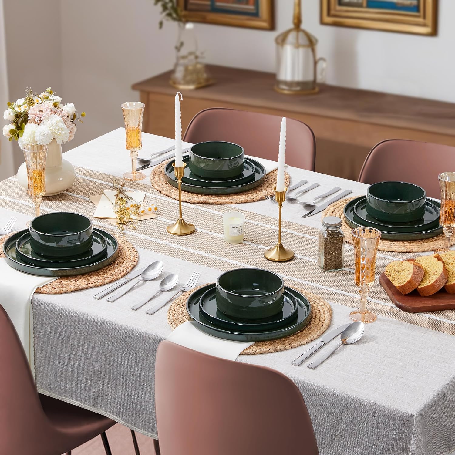 LIANYU Dinnerware Dishes Sets for 8, 24 Piece Stoneware Plates and Bowls Dishware Set, Modern Tableware Includes Ceramic Dinner Salad Plates, Cereal Bowls, Chip & Scratch Resistant, Hunter Green