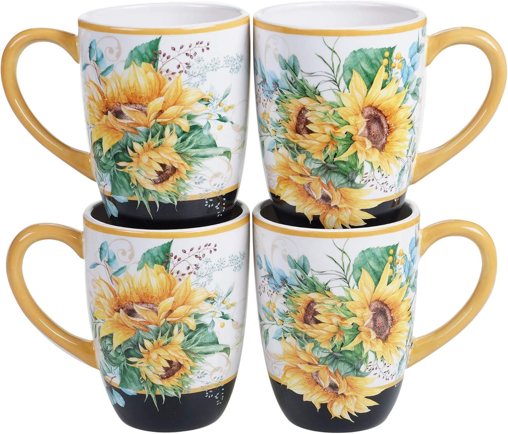 Sunflower Fields 16-Piece Ceramic Dinnerware Set – Great for Fall Gatherings, Daily Meals, Brunches, or Hosting – Service for 4 Includes Dinner Plates, Salad Plates, Bowls & Mugs
