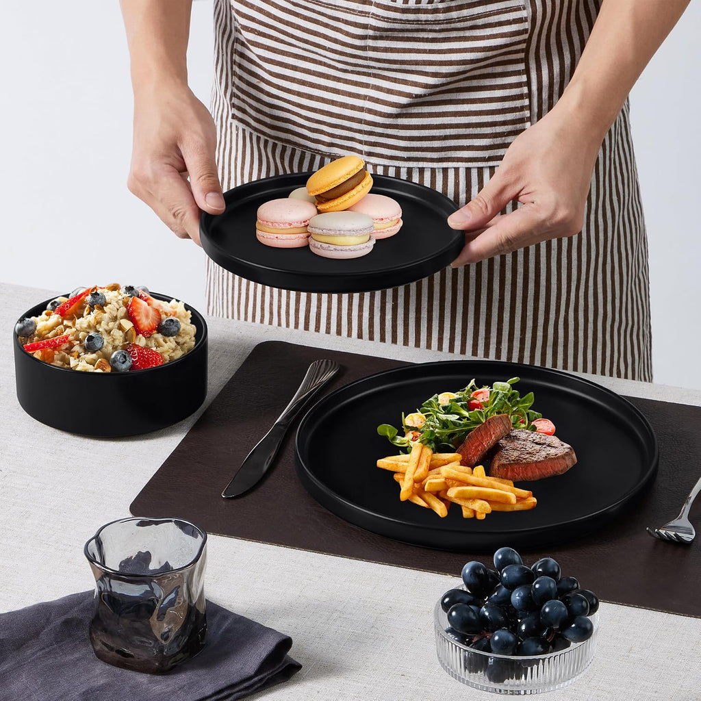 E-far Black Dinnerware Sets with Pasta Bowls, 24-Piece Stoneware Plates and Bowls Sets for 6 | Microwave & Dishwasher Safe Kitchen Modern Dish Set, Matte Black