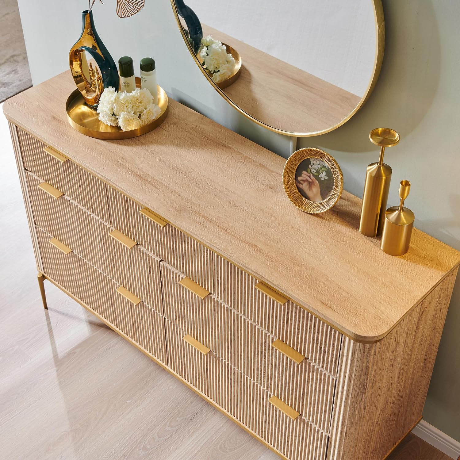 T4TREAM Fluted 7 Drawers Dresser for Bedroom, 54' Wide Modern Dresser TV Stand, Gold Accents, Fluted Fronts, Wood Storage Dressers Organizer for Bedroom, Living Room, Natural Oak