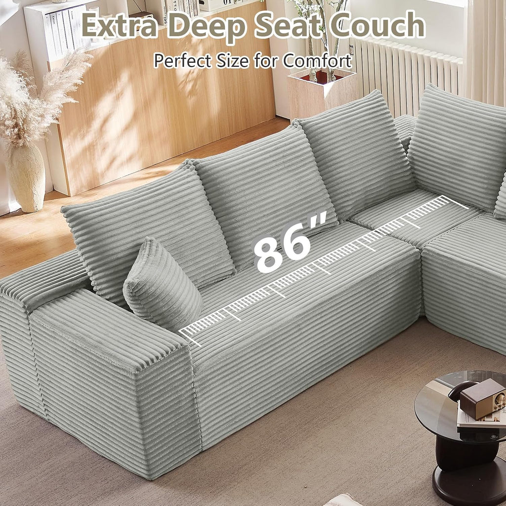 Sectional Cloud Couch for Living Room, Modern Modular Floor Deep-Seat Sofa, Upholstered L Shaped Sofas, Big Comfy Corduroy Couches Set for Living Room Bedroom, No Assembly Required, Grey