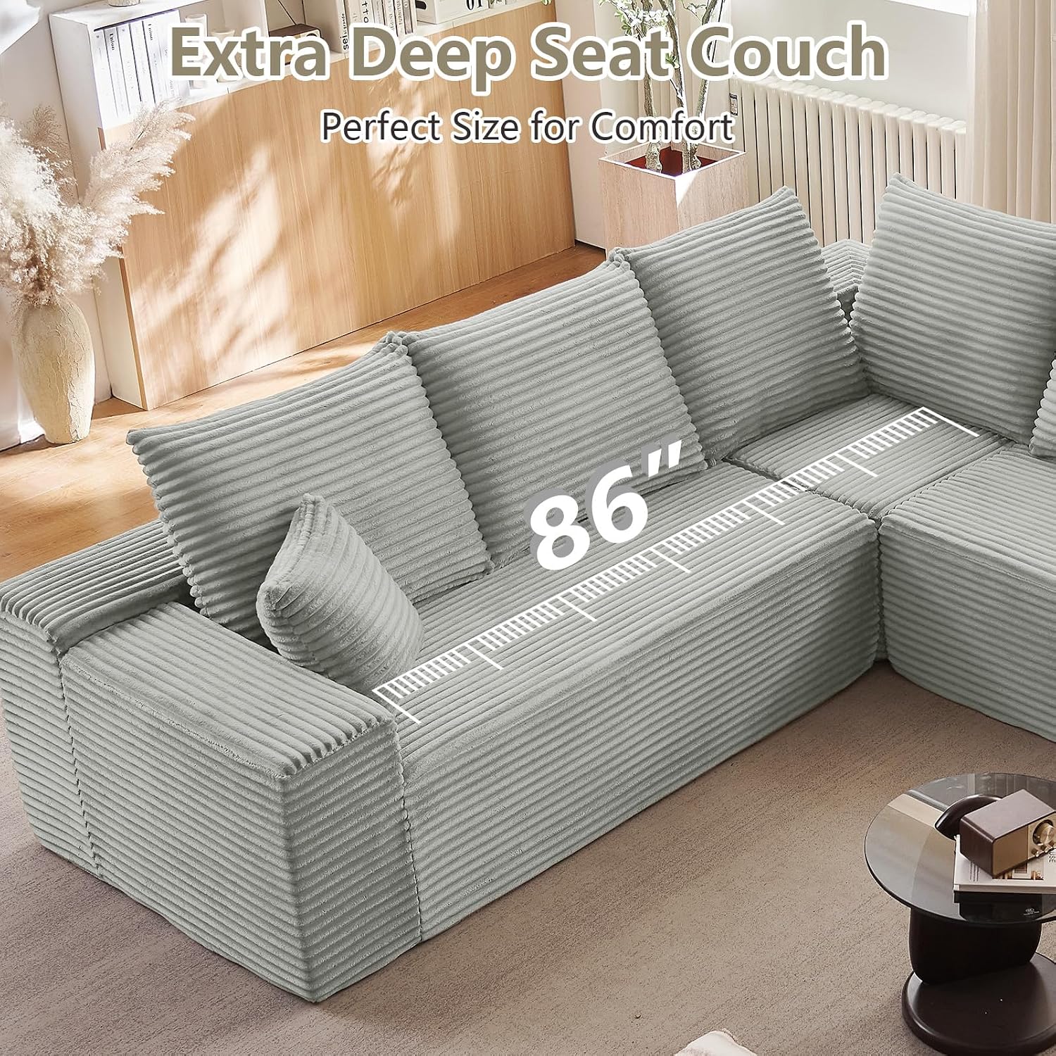 Sectional Cloud Couch for Living Room, Modern Modular Floor Deep-Seat Sofa, Upholstered L Shaped Sofas, Big Comfy Corduroy Couches Set for Living Room Bedroom, No Assembly Required, Grey