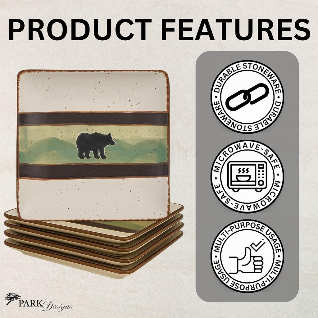 Park Designs Skyline Bear Salad Plate Set of 4 | 8.5' | Stoneware | Debossed Bear & Mountain Design | Lodge Dinnerware