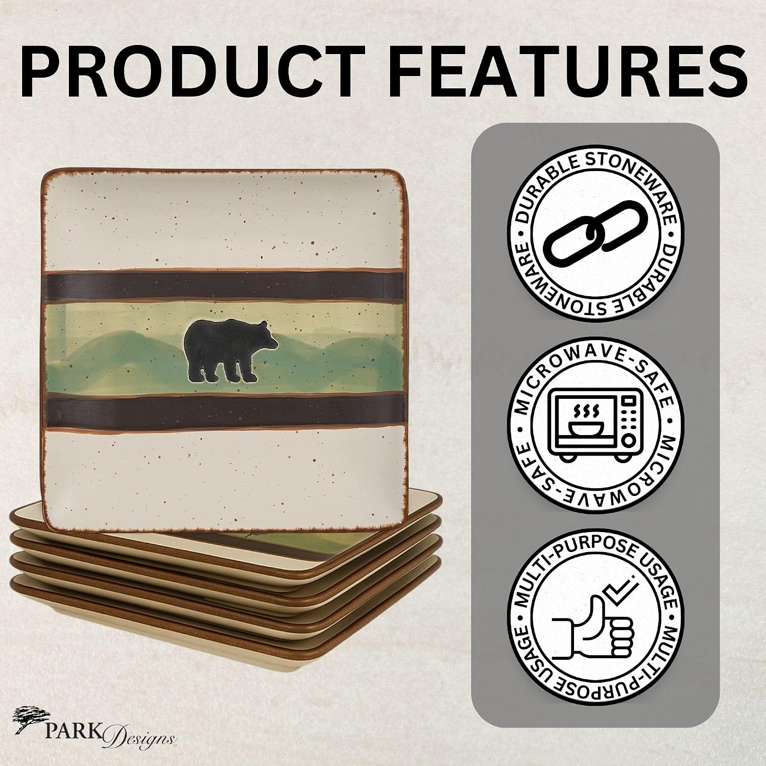 Park Designs Skyline Bear Salad Plate Set of 4 | 8.5' | Stoneware | Debossed Bear & Mountain Design | Lodge Dinnerware
