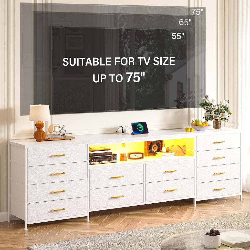 EnHomee 63' W TV Stand Fits 55/65/70' TV, 12 Drawers Dresser with LED Lights & Power Outlets, Entertainment Center Long Fabric Dresser for Bedroom, Living Room, Hallway, White