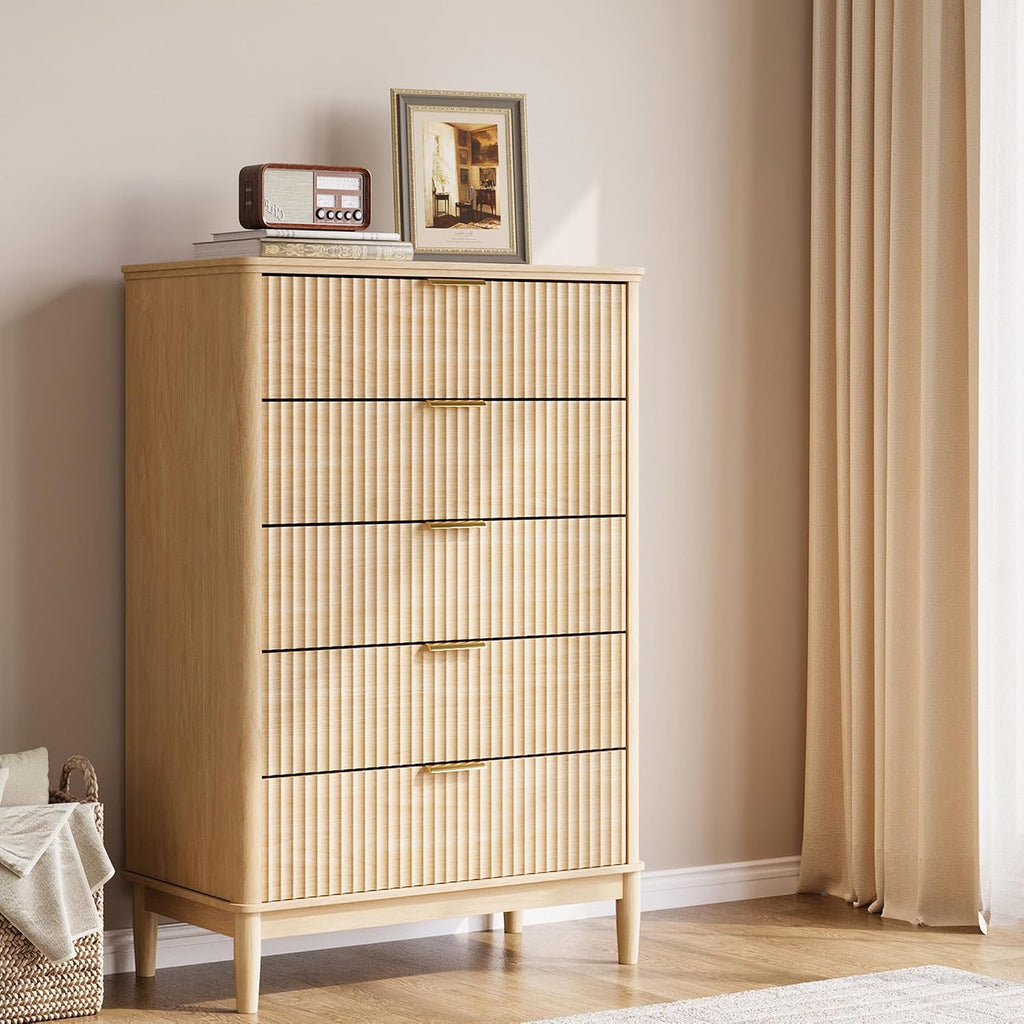 LINSY Fluted 5 Drawer Dresser for Bedroom, 46' Tall Mid-Century Modern Chest of Drawers, Deep Storage Dresser with Curved Corner Design, Large Accent Wood Cabinet for Bedroom, Oak