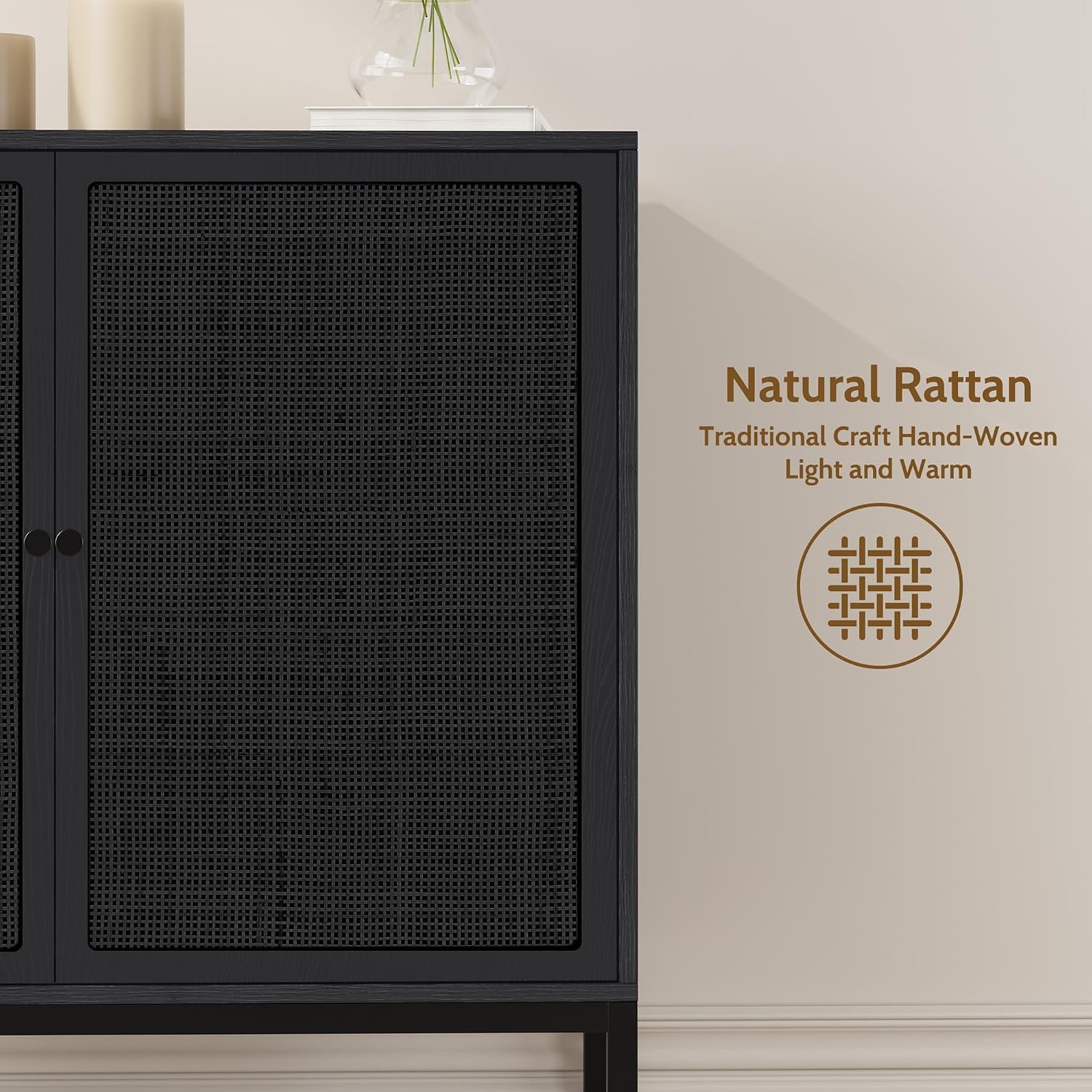 Yechen Set of 2 Full Black Rattan Cabinet, Farmhouse Sideboard Cabinet with Natural Rattan Decorated Doors, Accent Cane Credenza Buffet Console Storage, for Living Room Entryway Kitchen, Metal Legs