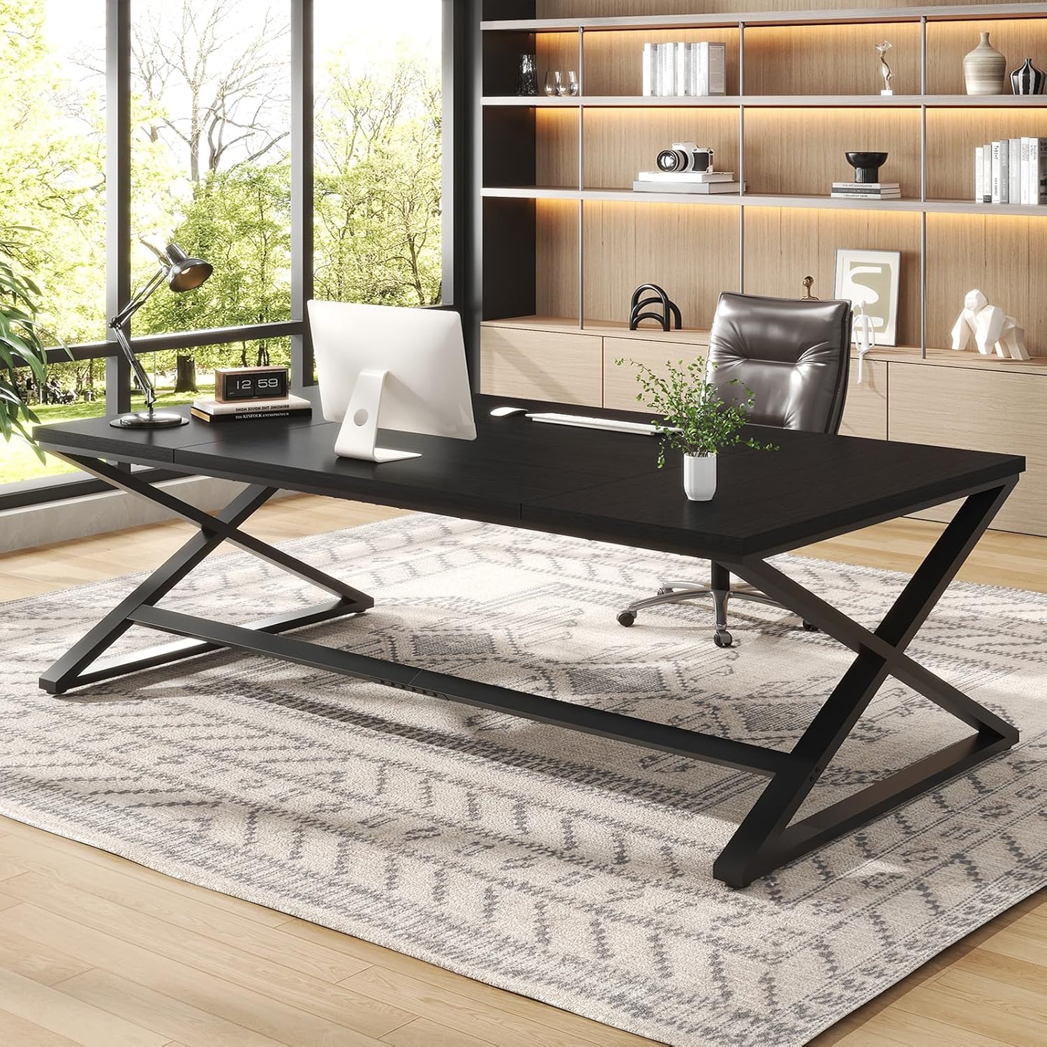 IBF Black Desk, Large Home Office Work Desk, 78.7' Long Computer Desks, Simple Wide Study Writing Desk, Wood Metal Double PC Executive Workstation Gaming Desk Computer Table for Bedroom, Black Oak