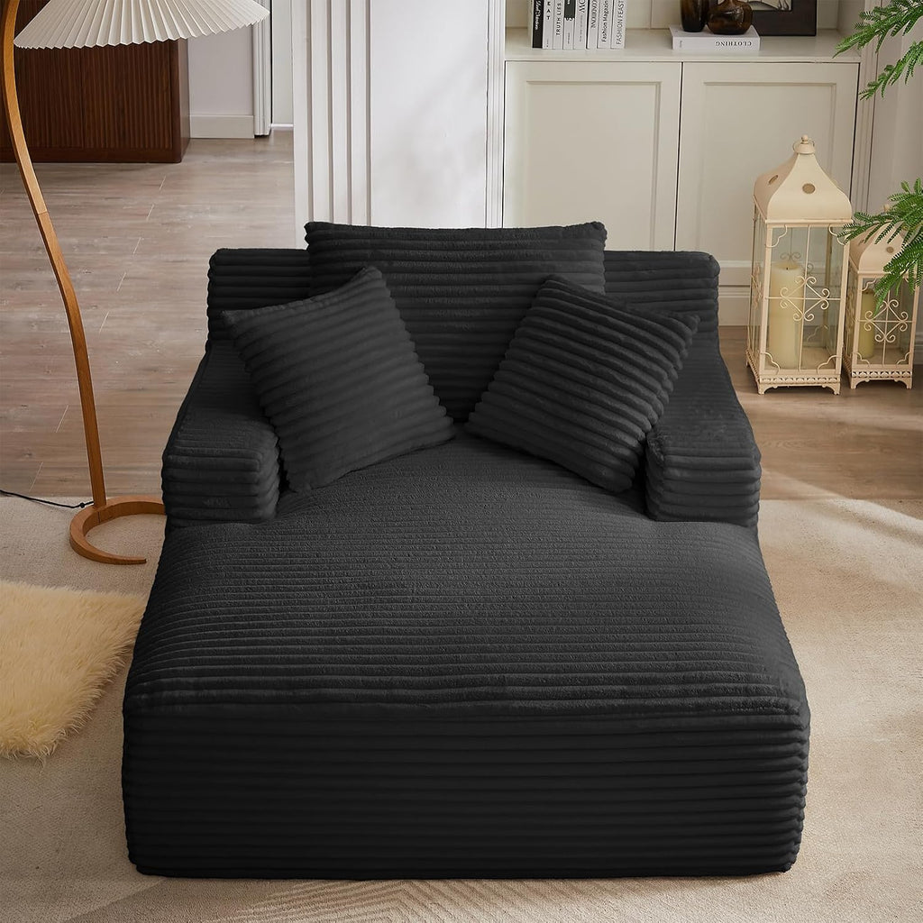 Oversized Chaise Lounge Chair Indoor, 66' Cloud Boneless Sleeper Couch Corduroy Upholstered Sofa Bed Deep Seat Comfy Reading Chair with 3 Pillows for Living Room Bedroom, Black