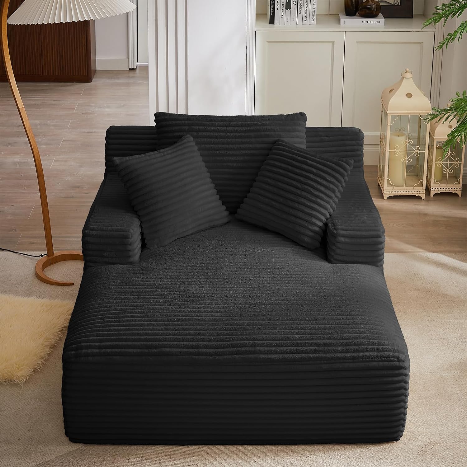 Oversized Chaise Lounge Chair Indoor, 66' Cloud Boneless Sleeper Couch Corduroy Upholstered Sofa Bed Deep Seat Comfy Reading Chair with 3 Pillows for Living Room Bedroom, Black