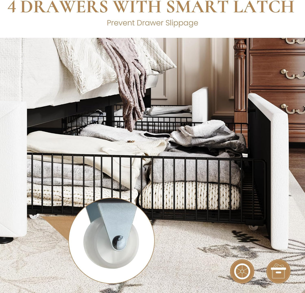SHA CERLIN Upholstered Full Platform Storage Bed Frame with 4 Drawers, Adjustable Headboard with Faux Leather Diamond Button Tufted Design, Wooden Slat Support, No Box Spring Needed, White