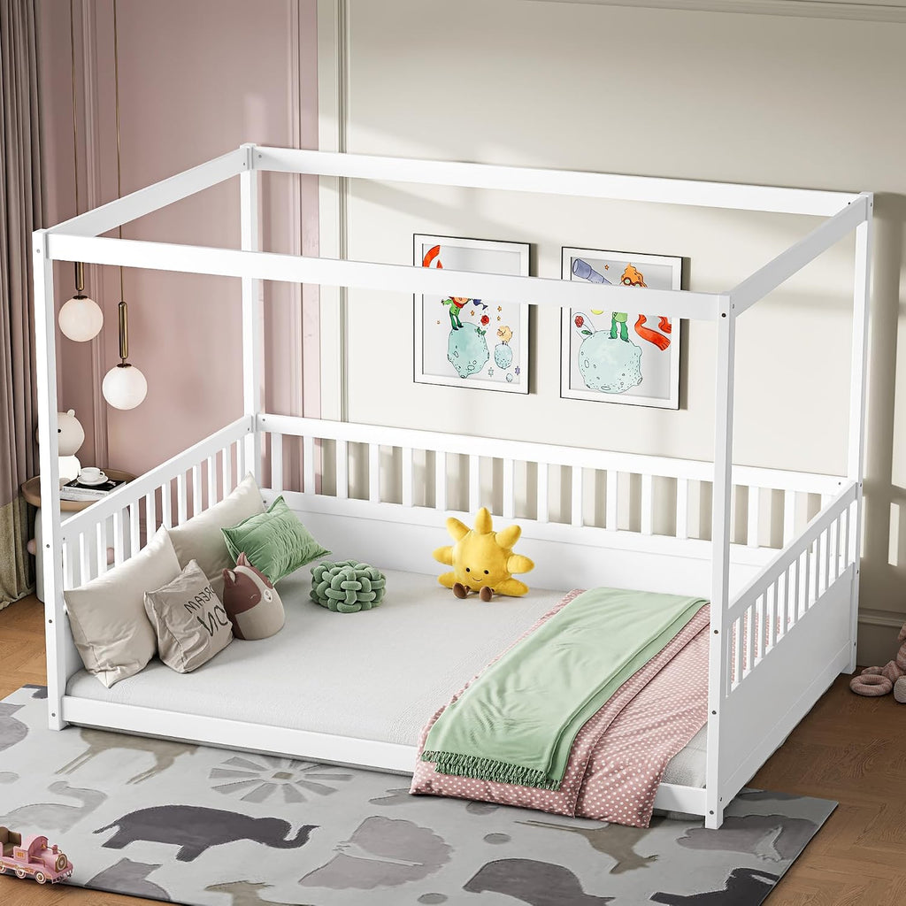 Full Size Canopy Bed Frame with Guardrails,Floor Bed Full with Four Poster Design,Montessori Floor Bed,Wood Canopy Bed Frame for Girls,Boys(Full,White)