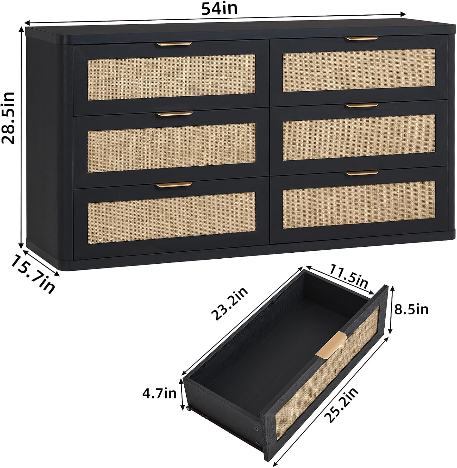 LEYAOYAO Rattan 6 Drawer Dresser for Bedroom Set of 2, Boho 54' Wide Black Dresser Chest of Drawers, Dressers TV Stand with Metal Handle, Storage Dressers Closet Organizer for Living Room, Hallway