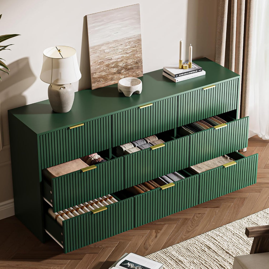 MAISONARIA Green 9 Drawer Dresser for Bedroom, 63' Wide Modern Fluted Dresser with Gold Metal Handles, Chest of Drawers for Bedroom, Living Room, Entryway, Hallway