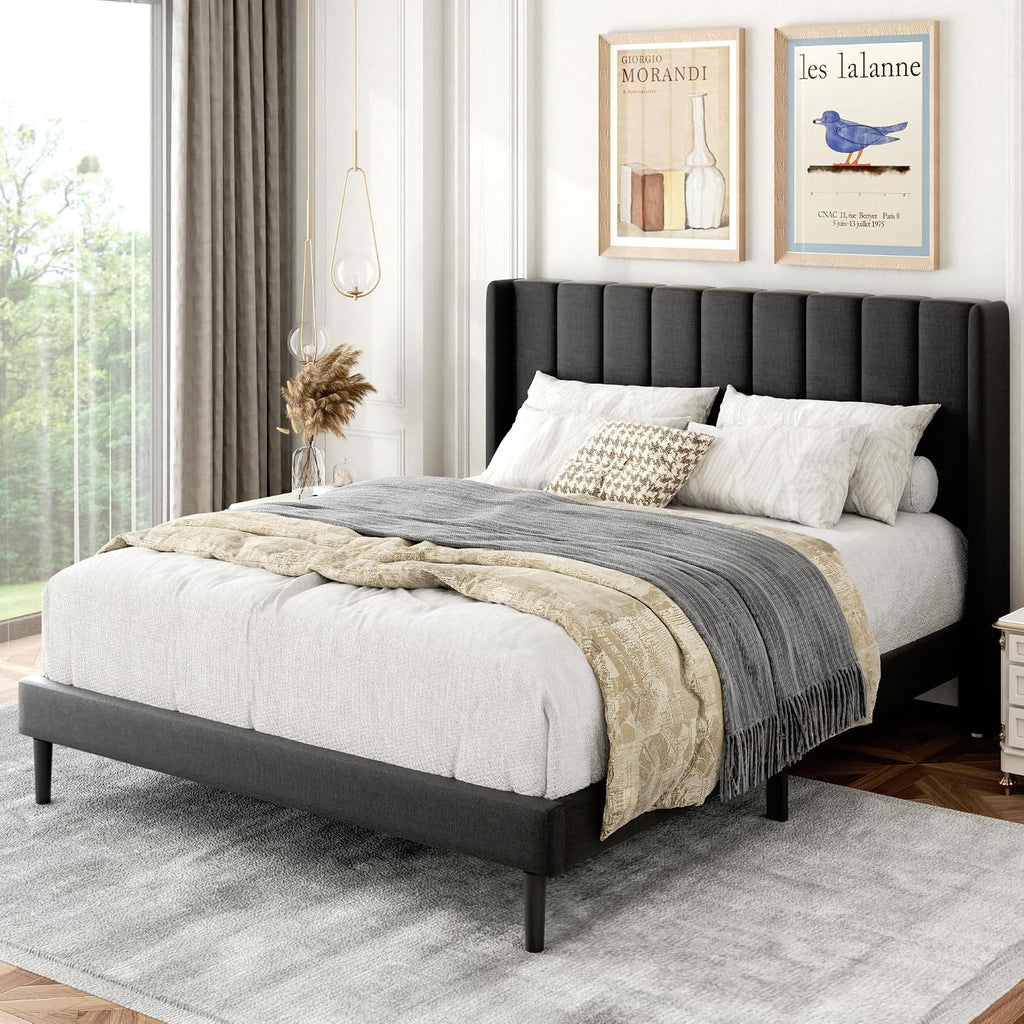 Gruwans Full Size Bed Frame with Upholstered Wingback Headboard, Easy Assemnly Platform Bed, Wooden Slat Support No Box Spring Needed, Dark Gray