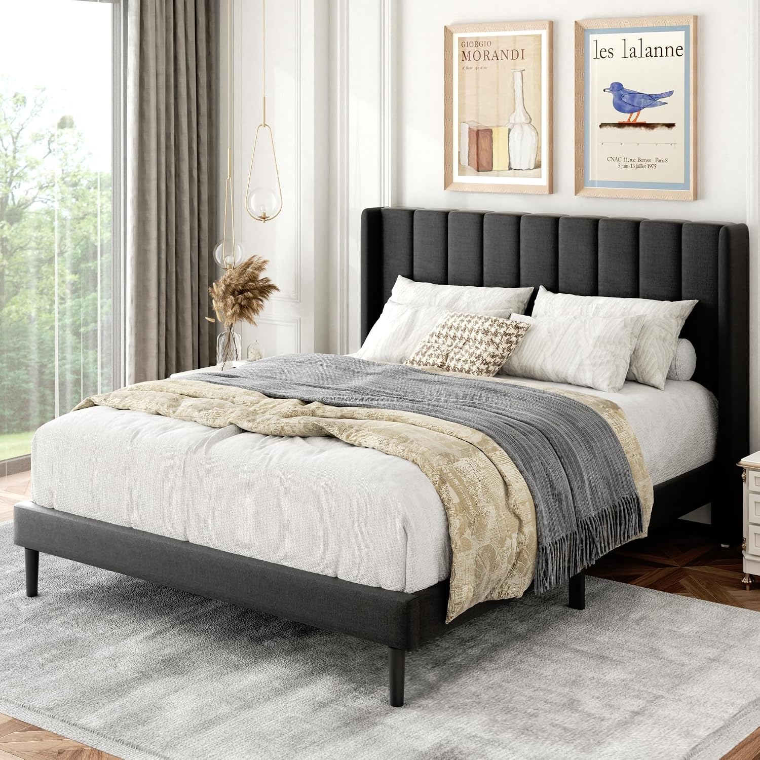 Gruwans Full Size Bed Frame with Upholstered Wingback Headboard, Easy Assemnly Platform Bed, Wooden Slat Support No Box Spring Needed, Dark Gray