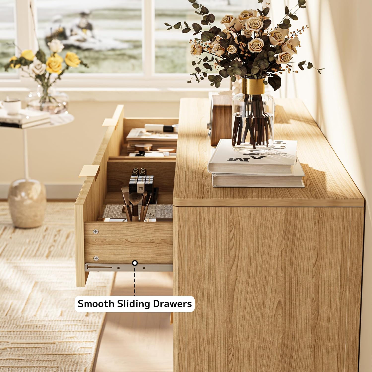 Fluted Dresser with 6 Drawers, 53.43 Inch Wood Double Dresser with Metal Handles Curved Design Wide Storage Organizer Cabinet Modern Chest Dressers for Bedroom Living Room Hallway(Oak)
