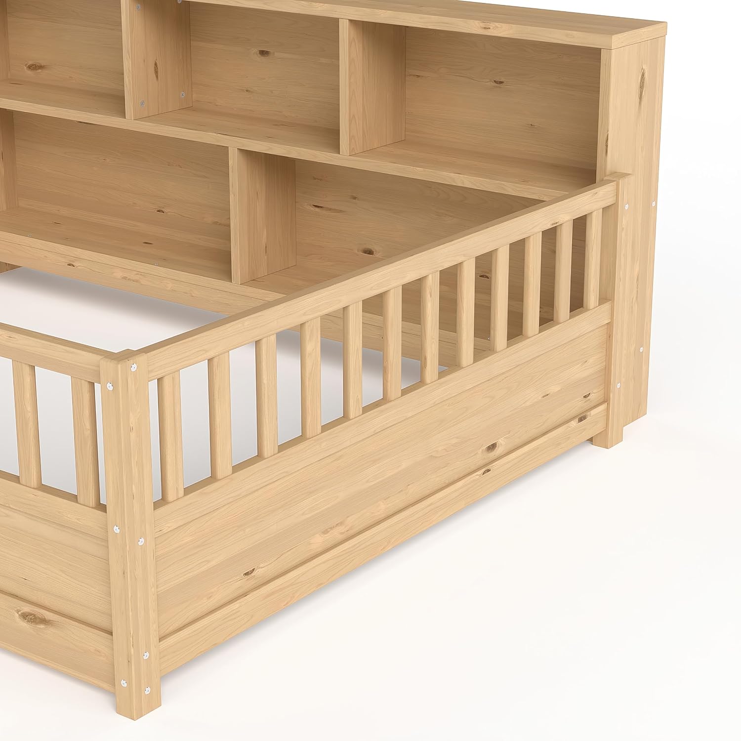 Bellemave Kids Montessori Floor Bed Full Size,Floor Bed Frame with Bookcase and Fence for Kids Boys Girls,Natural