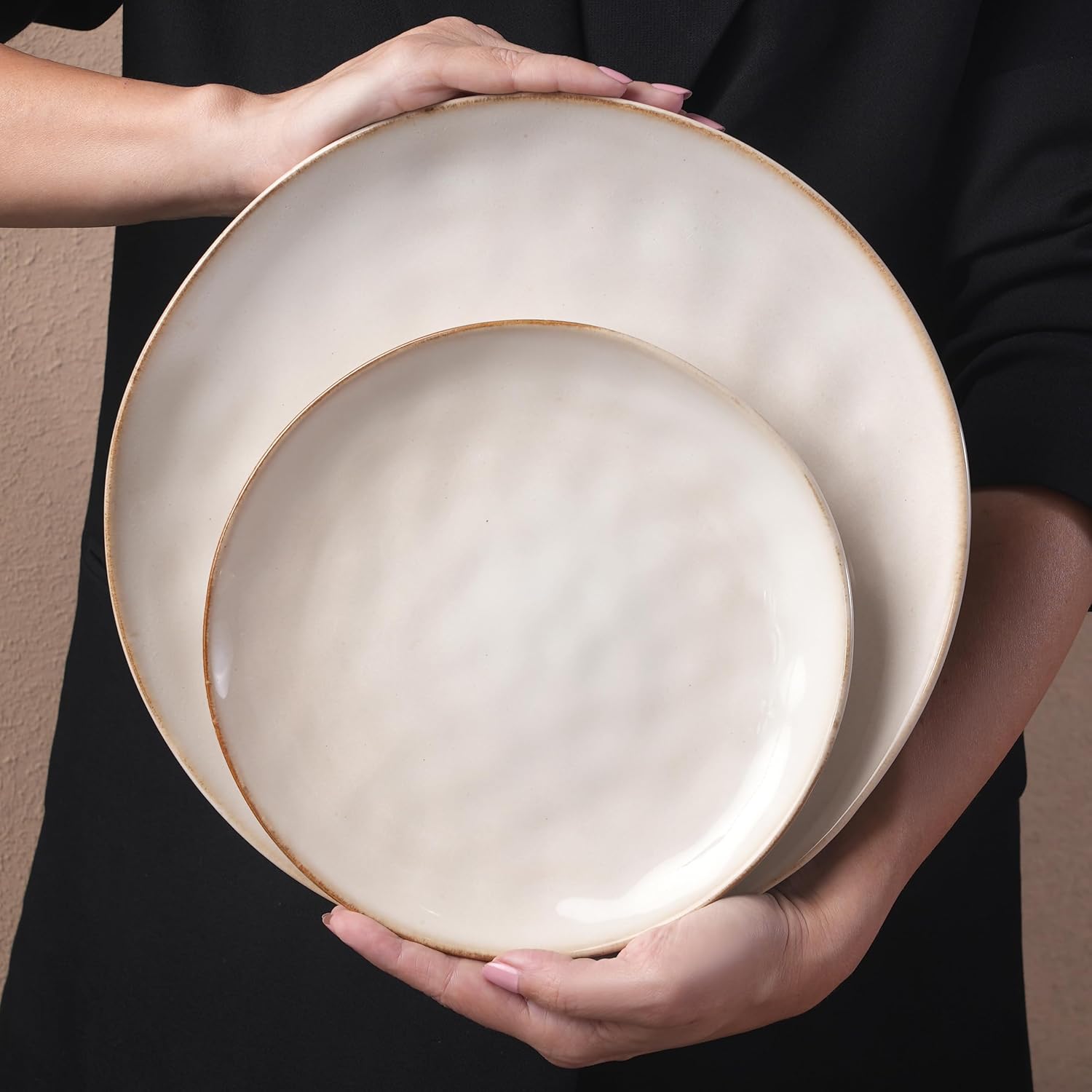 Karaca Aria Reactive Stoneware Plates & Bowls Sets - Ceramic Dinnerware Sets for 6, 24 Piece Microwave Safe Dish Set incl. Dinner Plate Set with Pasta Bowls, Side Plates and Cereal Bowl - Beige