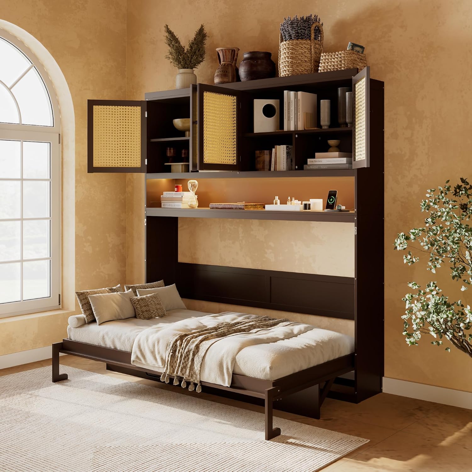 Harper & Bright Designs Twin Size Horizontal Murphy Bed with Top Storage Cabinet, Space Saving Wood Foldable Murphy Wall Bed Frame with Light & USB for Teens Adults, Espresso