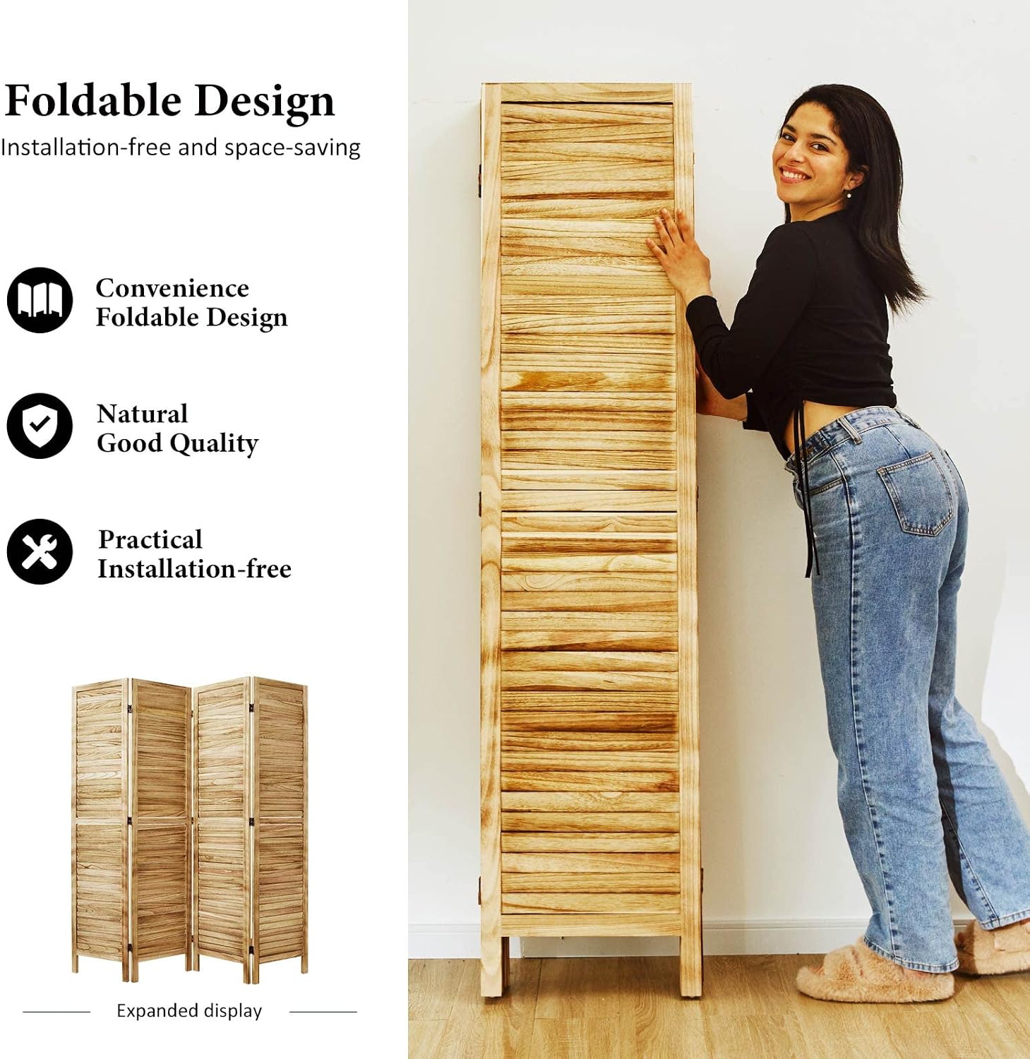 Room Dividers and Folding Privacy Screens, Wood Louvered Separators Divider Wall for Home Office Bedroom - 4 Panels, 67 * 60inch (Wood)
