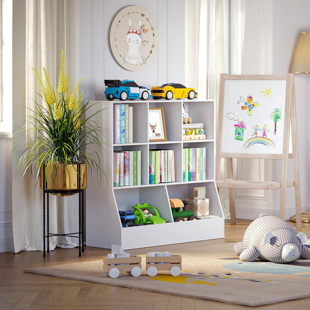 DINZI LVJ Toy Storage Organizer, Kids Bookshelf, Wood Toy Storage Cabinet, 3-Tier 8 Cubby Children Bookcase, 39.4' L Toddler Book Shelf for Playroom, Living Room, Nursery, Hallway, Classroom, White